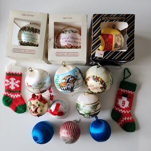 1980s Vintage Christmas Ornaments Lot Mother Daughter Silk Wrapped 1982 1990 80s